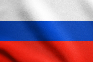 Russian flag waving in wind with fabric texture