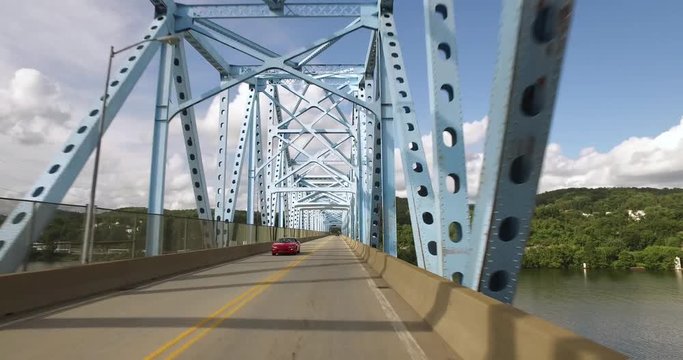 A driver's perspective of driving on a typical two-lane bridge over the Ohio River in Western Pennsylvania.  	