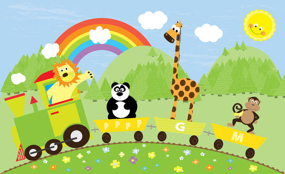 cute cartoon train with cute animals and background with rainbow, mountains, forest and sun