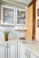 Fototapeta na wymiar Luxurious new white kitchen with modern appliances