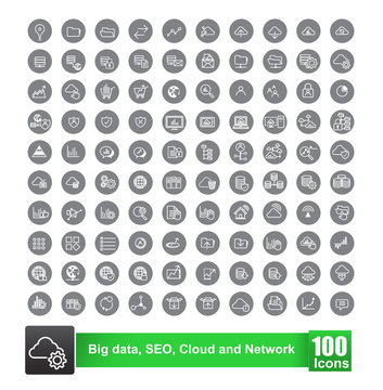 Set of 100 icon with background big data seo cloud and network v