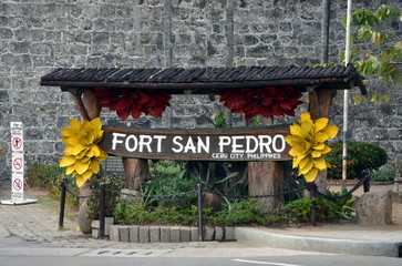 Entrance to Fort San Pedro in Cebu, Philippines. Signboard