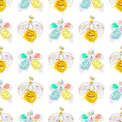 Vector seamless pattern with insect. Drawn decorative endless background with cute drawn wasp and butterfly. Graphic illustration. Line drawing.
