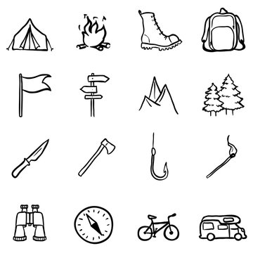 Vector Set of Black Doodle Hiking and Camping icons