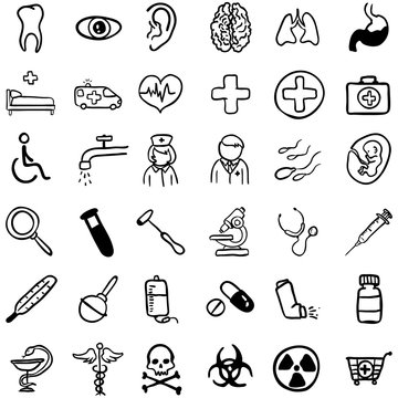 Vector Set of Black Doodle Medical Icons
