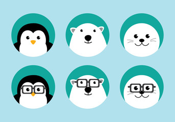 Arctic Animals Flat Icons Set. A cute Penguin, Polar bear and Baby seal with funny nerd glasses. Animals Geek Hipster Characters.