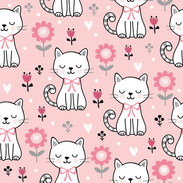 Seamless pattern with cute cats. Vector illustration with white kittens and flowers on a pink background.