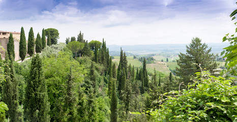 Panoramic view from the medieval town San Gimignano in Tuscany.
