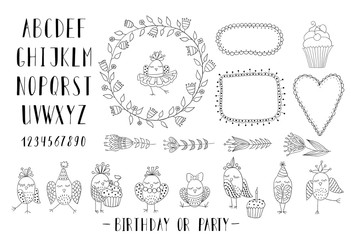 Elements for creating greeting cards, invitations with frames, flowers, font and birds.