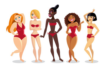 Beautiful young women in bikini of a different nationality. The girls of Latin America, Africa, Asia and Europe. 