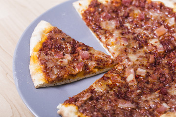 Tasty meat pizza bread close up