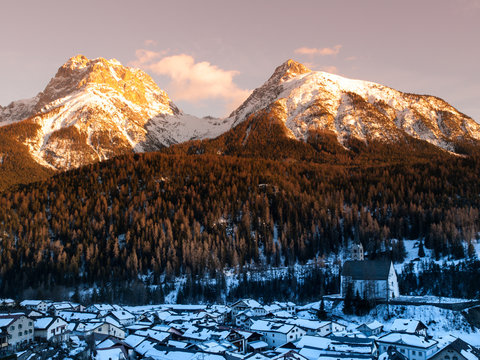 Evening in the alpine village of Scuol, Graubunden, Switzerland