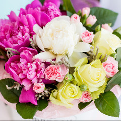 beautiful bright colored bouquet of roses and peony