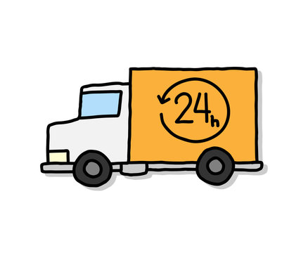 Delivery Van 24 Hour Vector Illustration. A hand drawn vector cartoon illustration of a 24-hour express delivery van.