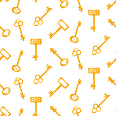 Gold keys seamless vector pattern on white. Retro cartoon golden key background.