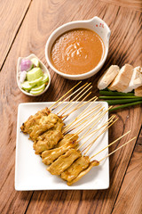 Pork satay,Grilled pork set on wood table , thai style