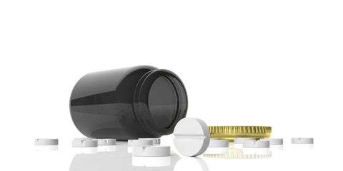 Pills spilled on white background. 3d illustration