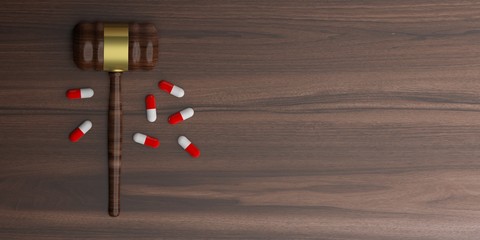 Judge gavel and pills on wooden background - copy space.  3d illustration