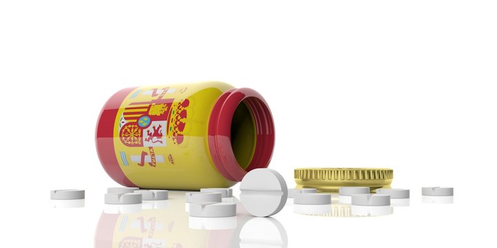 Pills out of bottle with Spain flag. 3d illustration