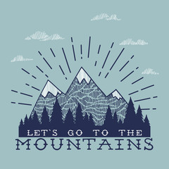 Vector illustration with mountains peaks end forest