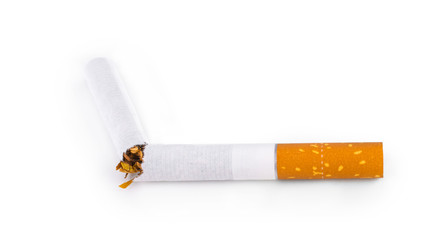 Broken Cigarette close-up on a white background.