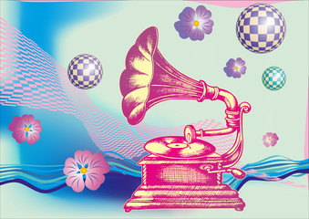 Obrazy na Plexi  Dekoracyjna kompozycja z ręcznie rysowanym gramofonem. styl grawerowania. ilustracji wektorowych.