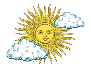 Sun with face engraving style vector illustration