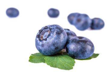Fresh blueberries with leaves isolated on white background