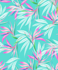 watercolor bird of paradise tropical seamless pattern.
