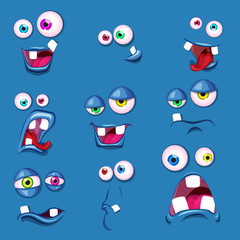 Pop-eyed cute cartoon faces emotions vector set. Monster face collection different character.