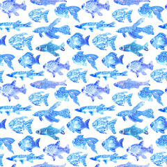 seamless pattern with stylized blue fish. watercolor hand drawn illustration.white background.white ornament.wrapping marine image