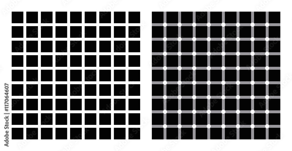 Wall mural hermann grid and scintillating grid illusion. in the left figure grey blobs perceived at the interse