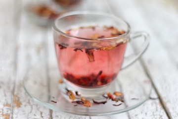 Red fruit tea in transparent glass Cup