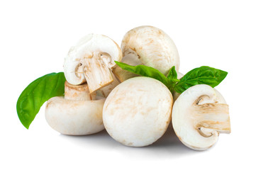 Mushrooms with basil leaves isolated on white background