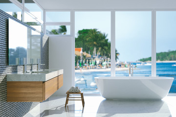 Elegant bathroom with panoramic window. 3d render.