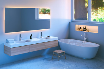 Fototapeta na wymiar Modern bathroom interior with marble floor. 3d render.