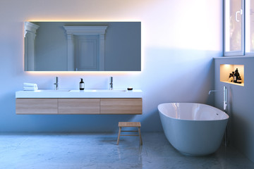 Naklejka na ściany i meble Luxury bathroom with window and marble floor. 3d render.
