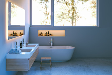Fototapeta na wymiar Elegance bathroom interior with marble floor. 3d render.