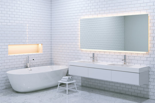 White luxury bathroom interior with brick walls. 3d render.