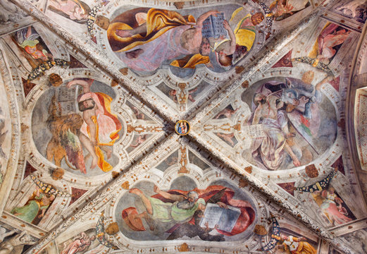 BRESCIA, ITALY - MAY 21, 2016: The ceiling fresco of Four Evangelists in side chapel of church Chiesa del Santissimo Corpo di Cristoby Jesuit Benedetto da Marone (1550- 1565).