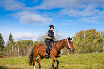 Elegant attractive woman riding a horse