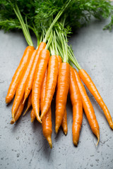 Fresh carrots on the gray backgrounds.