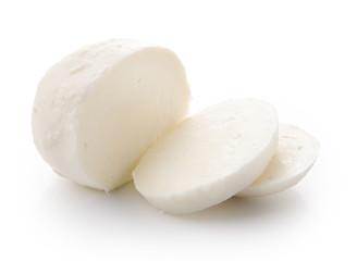 Piece of white mozzarella on white background. - obrazy, fototapety, plakaty