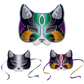 Set of masks of cat in Italian style. Ears of cat is grey.