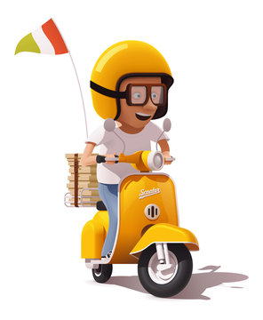 Vector realistic retro pizza delivery scooter and pizza courier driver icon