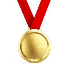 First place Gold medal with red ribbon isolated on white background - 3d illustration - obrazy, fototapety, plakaty