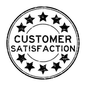 Grunge black customer satisfaction with star rubber stamp on whi