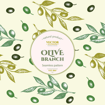 Olive seamless pattern. Hand drawn olive branch background