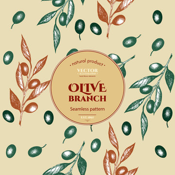 Olive branch seamless pattern ink hand drawn vector
