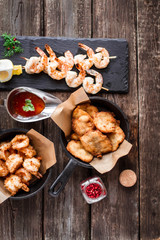 Grilled shrimps on frying pan